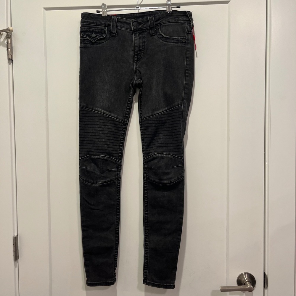 True Religion Moto Super Skinny Jeans Black Faded Denim Ribbed Panel Size 27